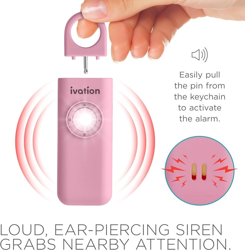 Ivation Personal Rechargeable SOS Alarm, Pocket Size Loud 130dB Sound Safety Siren & LED Panic Strobe Light with Carabiner Keychain Clip for Women, Children & Seniors, Pink - Image 4